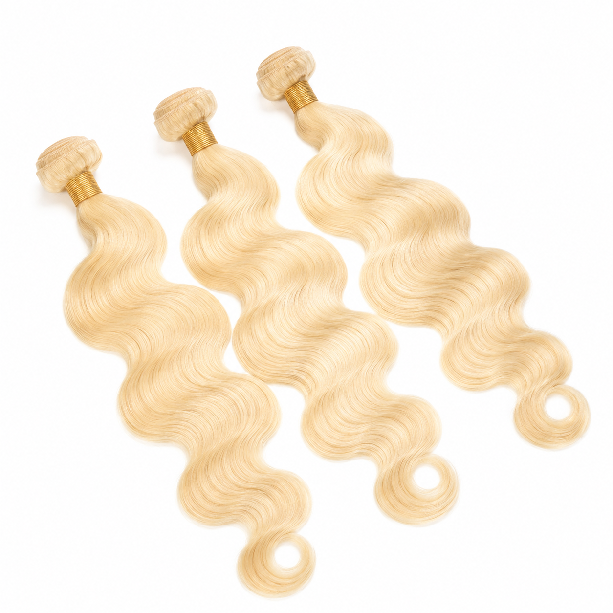 Three bundles of Brazilian 613# body wave hair, standard bundle deal, showcasing blonde, wavy virgin hair extensions.