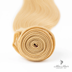Straight Brazilian 613# hair bundle with weft detail, showcasing light blonde, high-quality hair for weaving or extensions.