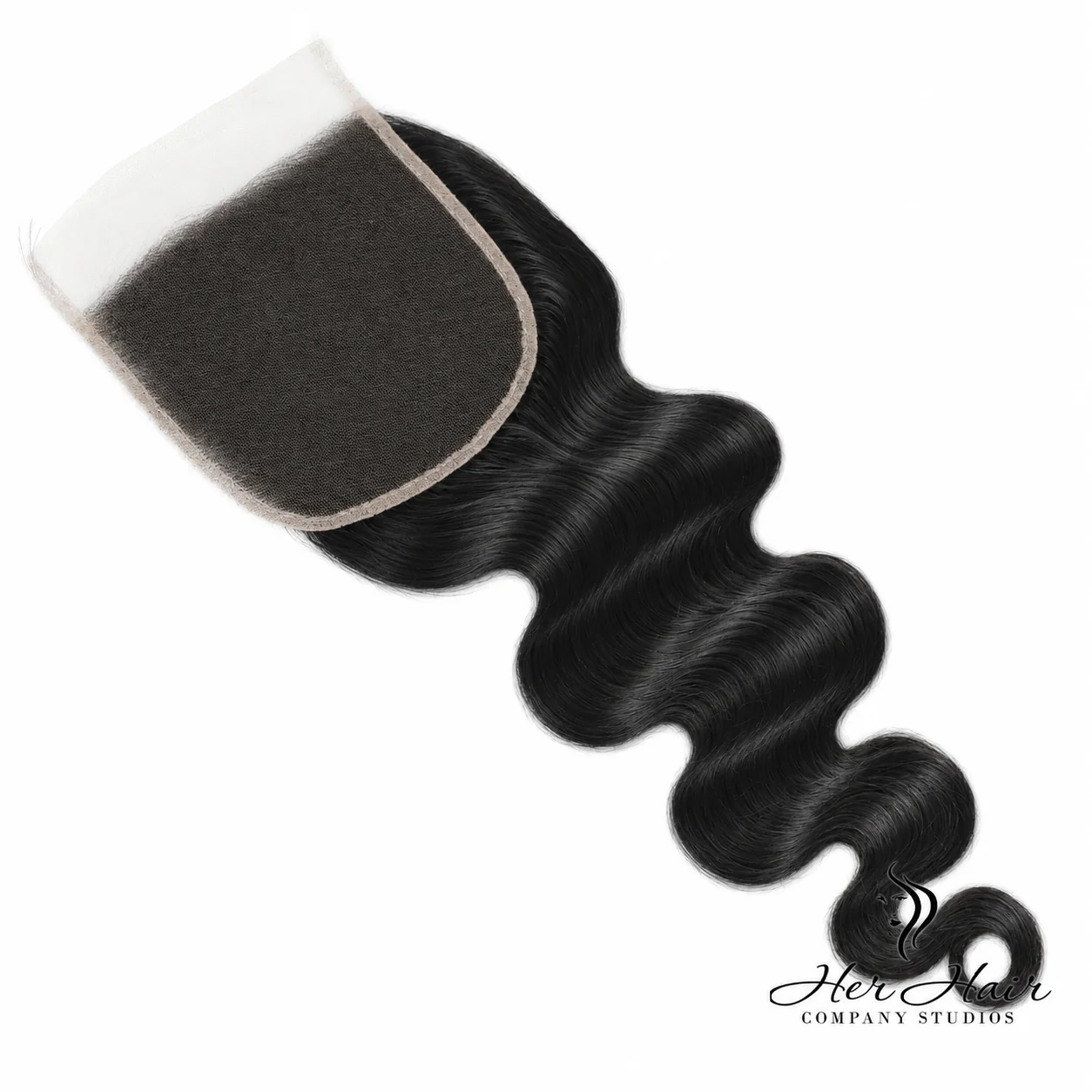 Brazilian Body Wave 4x4 HD lace closure from Her Hair Company showing lace construction and natural wave pattern.