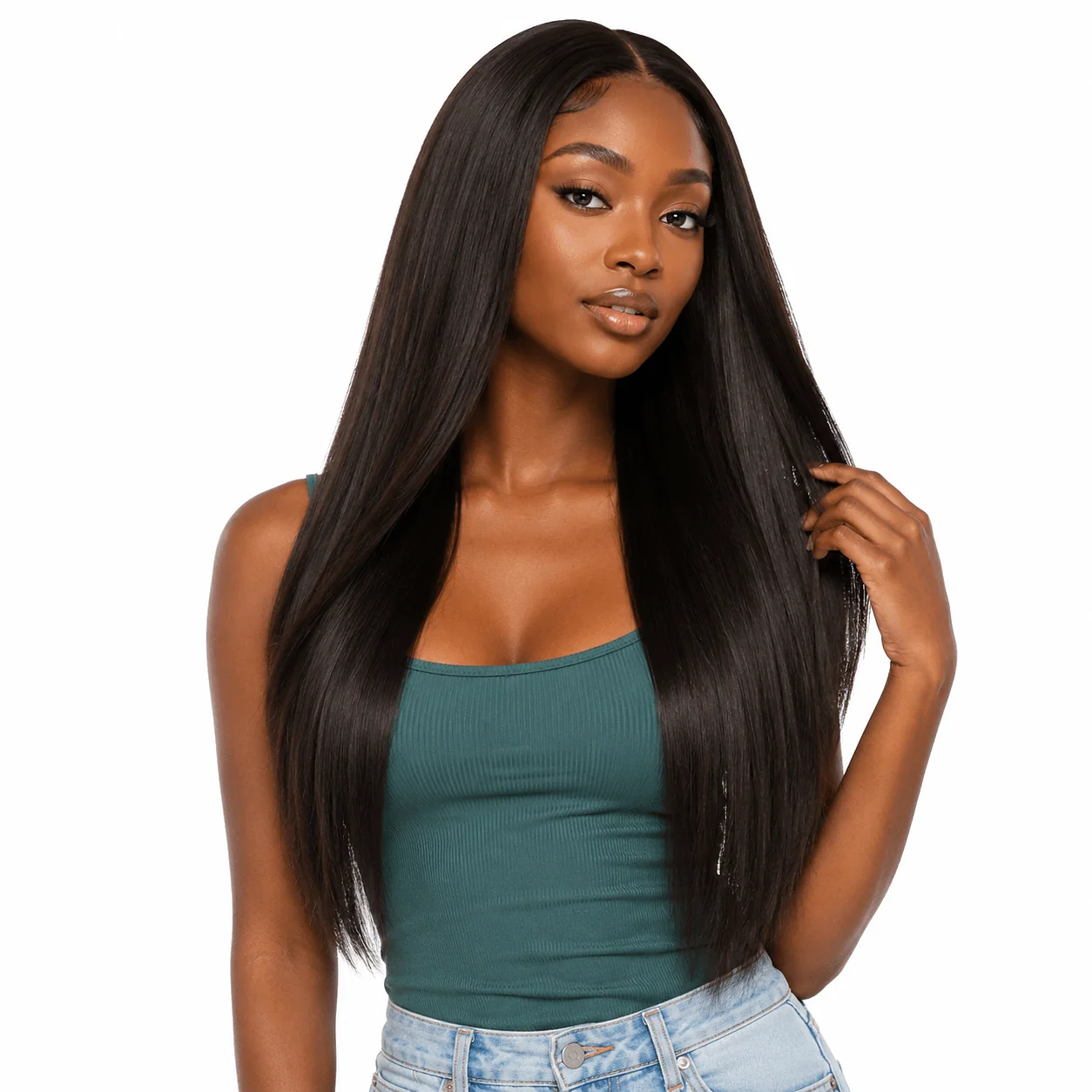Straight Brazilian clip-in hair extensions bundle, natural black color, styled on a model for a full, seamless hair extension look.