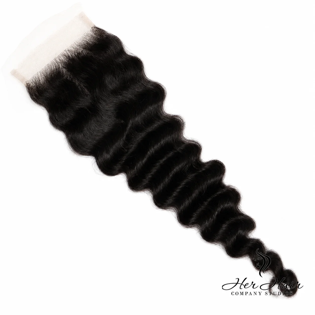 Brazilian deep wave 4x4 HD lace closure from Her Hair Company, featuring natural deep waves and transparent lace for seamless blending.
