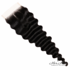 Brazilian Deep Wave 5x5 HD lace closure from Her Hair Company, featuring natural deep wave texture and seamless frontal design.