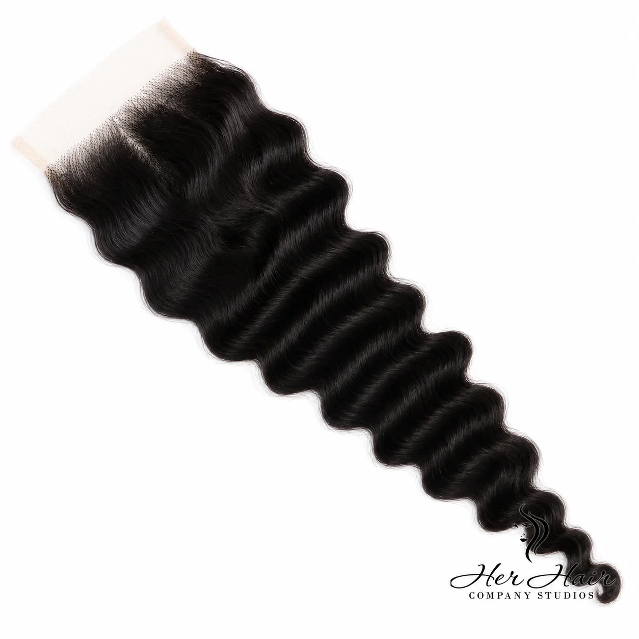 Brazilian Deep Wave 5x5 HD lace closure from Her Hair Company, featuring natural deep wave texture and seamless frontal design.