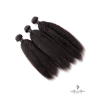 Brazilian kinky straight hair 3 bundle deal with frontals from Her Hair Company, showing bundles and closure on a plain background.