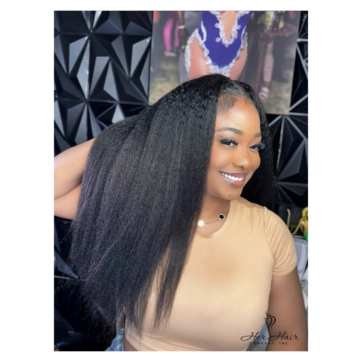 Side view of Her Hair Company Brazilian Kinky Straight Hair 4 Bundle Deal installed, showing natural straight texture and full style.