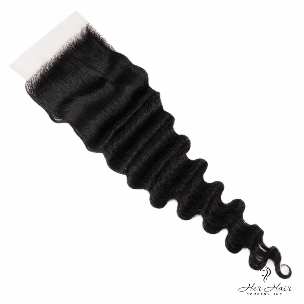 Top view of Her Hair Company Brazilian Loose Deep Wave 5x5 HD Lace Closure, showcasing the natural wave pattern and lace details.