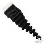 Top view of Her Hair Company Brazilian Loose Deep Wave 5x5 HD Lace Closure, showcasing the natural wave pattern and lace details.