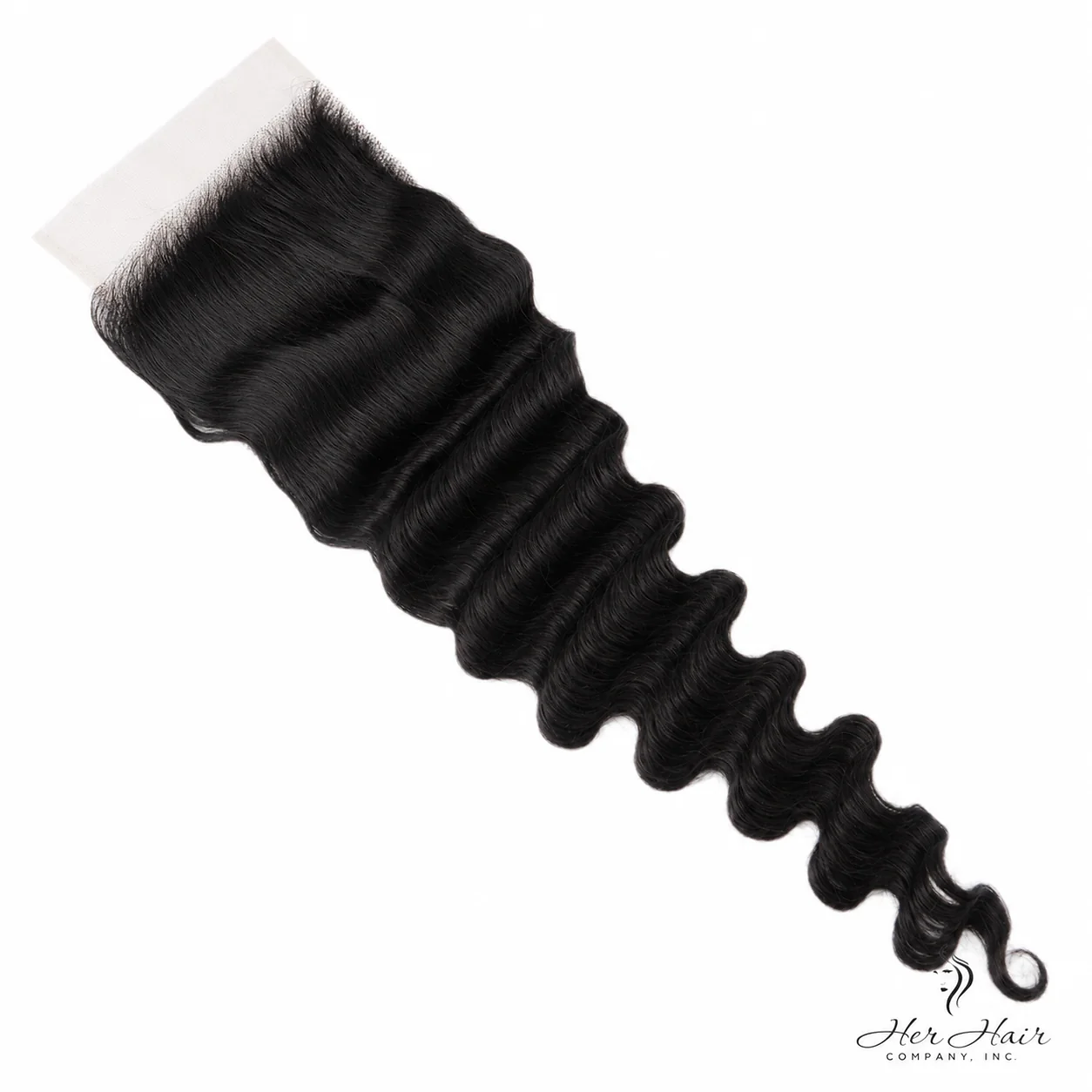 Top view of Her Hair Company Brazilian Loose Deep Wave 5x5 HD Lace Closure, showcasing the natural wave pattern and lace details.