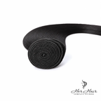 Brazilian straight hair bundles from Her Hair Company, showing detailed weft view of three bundled hair extensions.