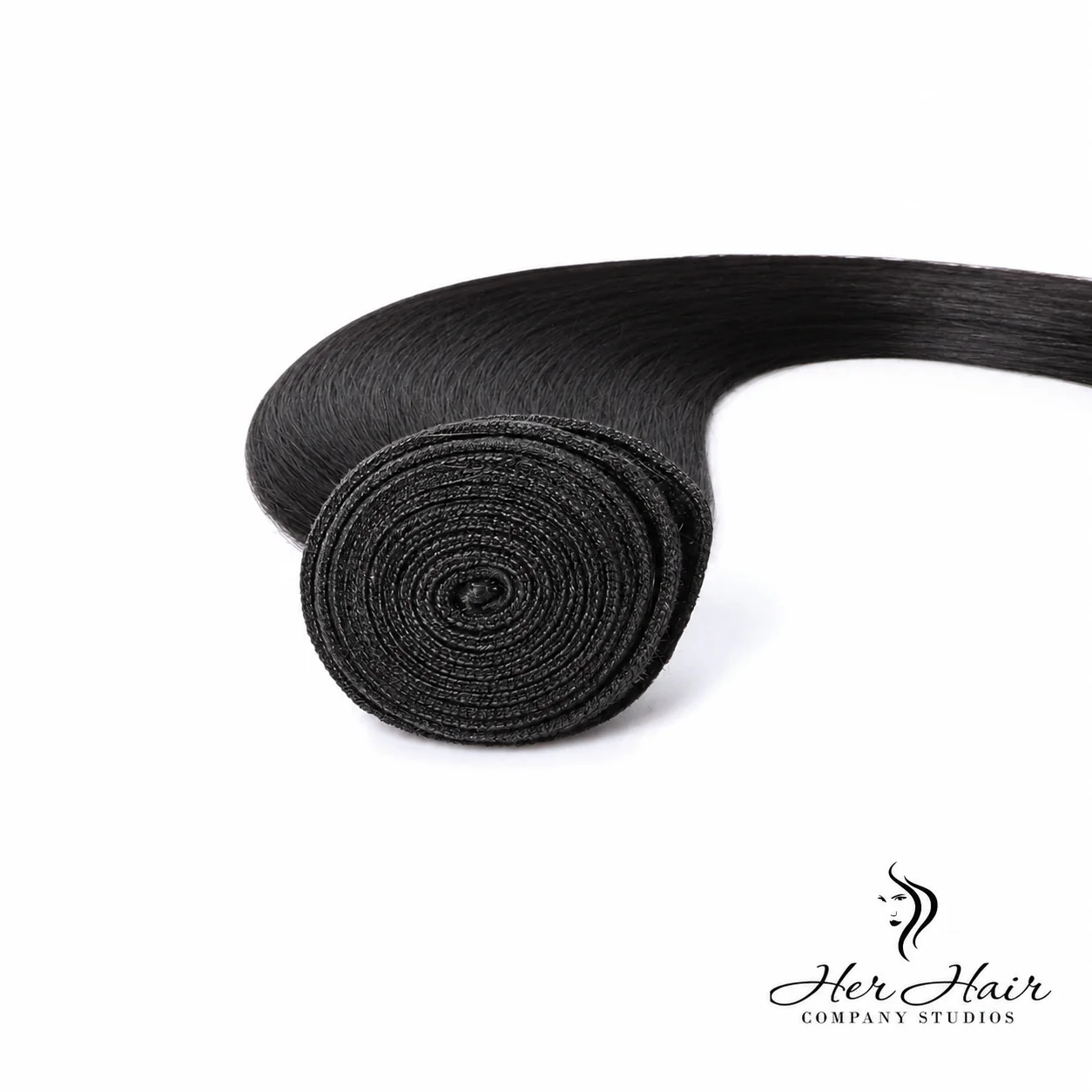 Brazilian straight hair bundles from Her Hair Company, showing detailed weft view of three natural-looking hair bundles.