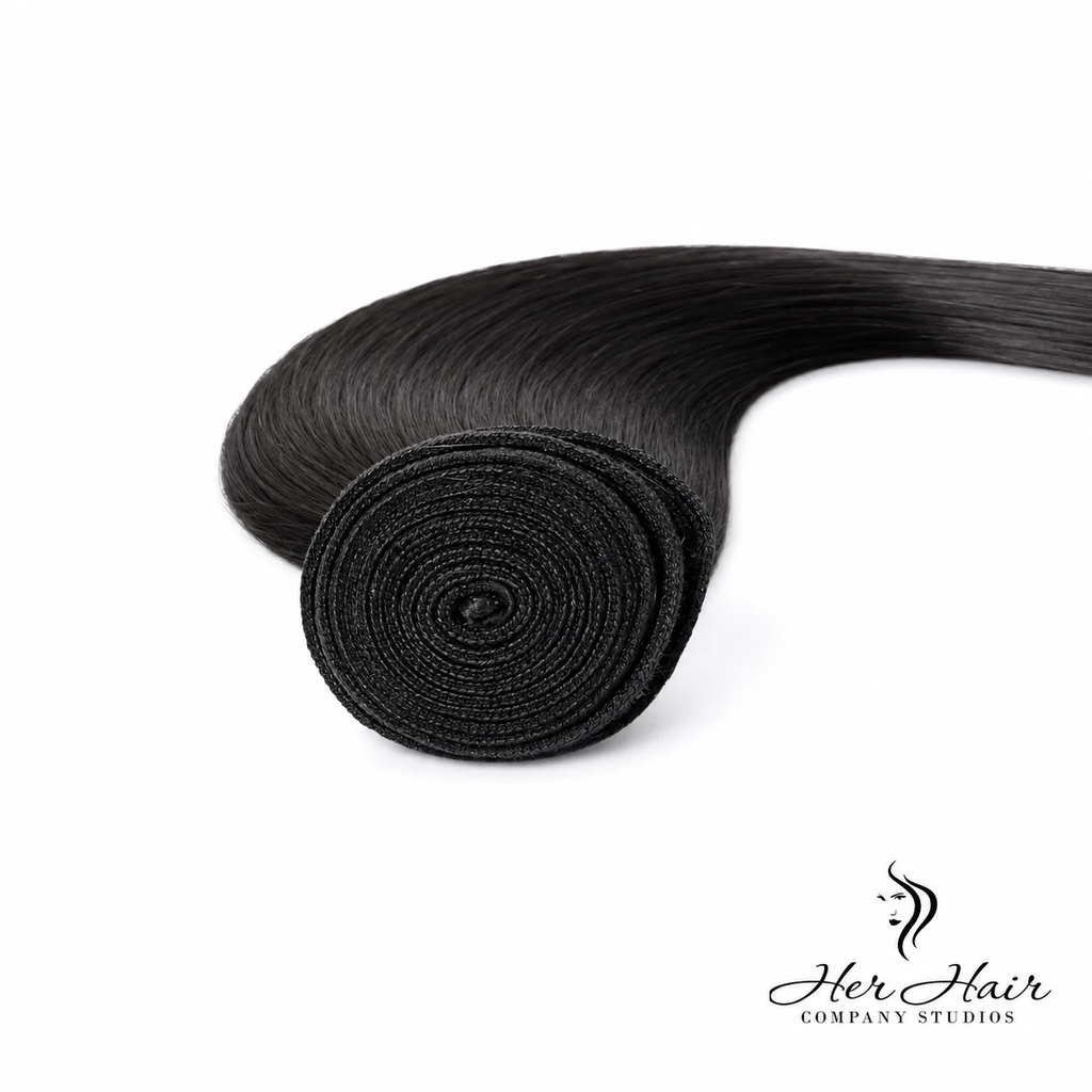 Close-up of four Brazilian straight hair wefts from Her Hair Company in a standard bundle deal, showing sleek, smooth strands.