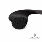 Close-up of four Brazilian straight hair wefts from Her Hair Company in a standard bundle deal, showing sleek, smooth strands.