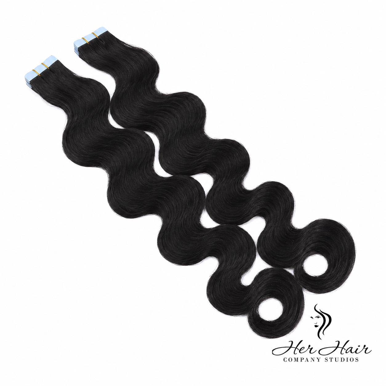 Her Hair Company Brazilian tape-in hair extensions with body wave texture, featuring sleek tape strips for seamless volume and length.