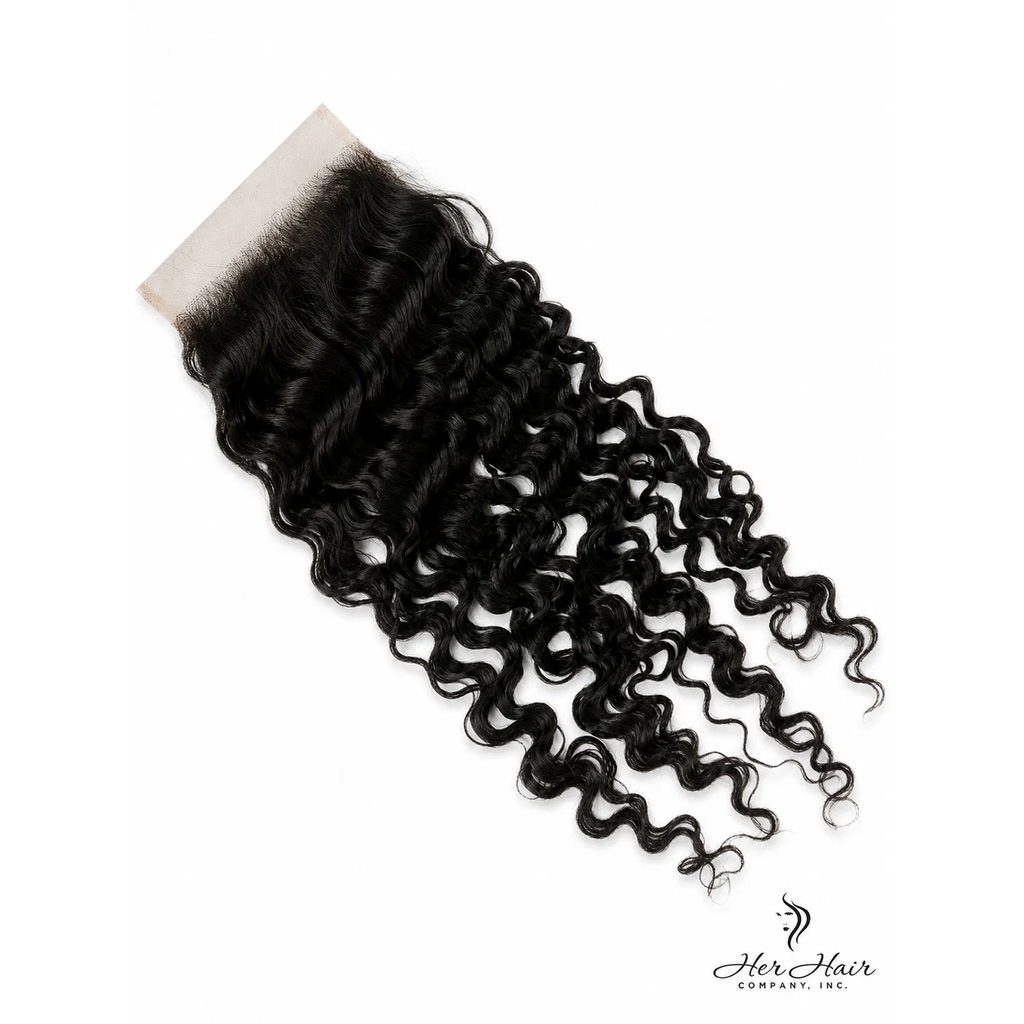 Top view of Her Hair Company Brazilian Water Wave 5x5 HD lace closure, showcasing the natural water wave pattern and lace detailing.