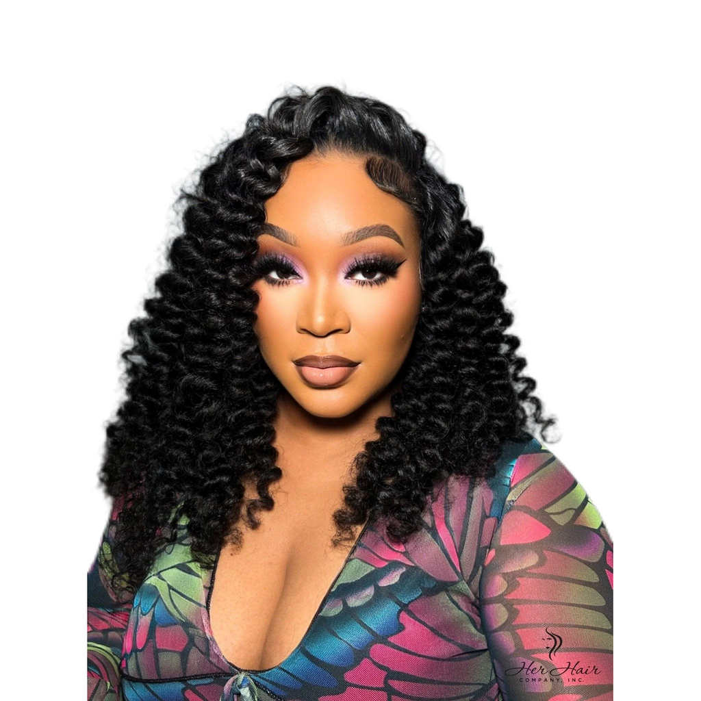 Close-up of three Brazilian Water Wave Hair bundles from Her Hair Company, showcasing the wavy texture and bundle arrangement.