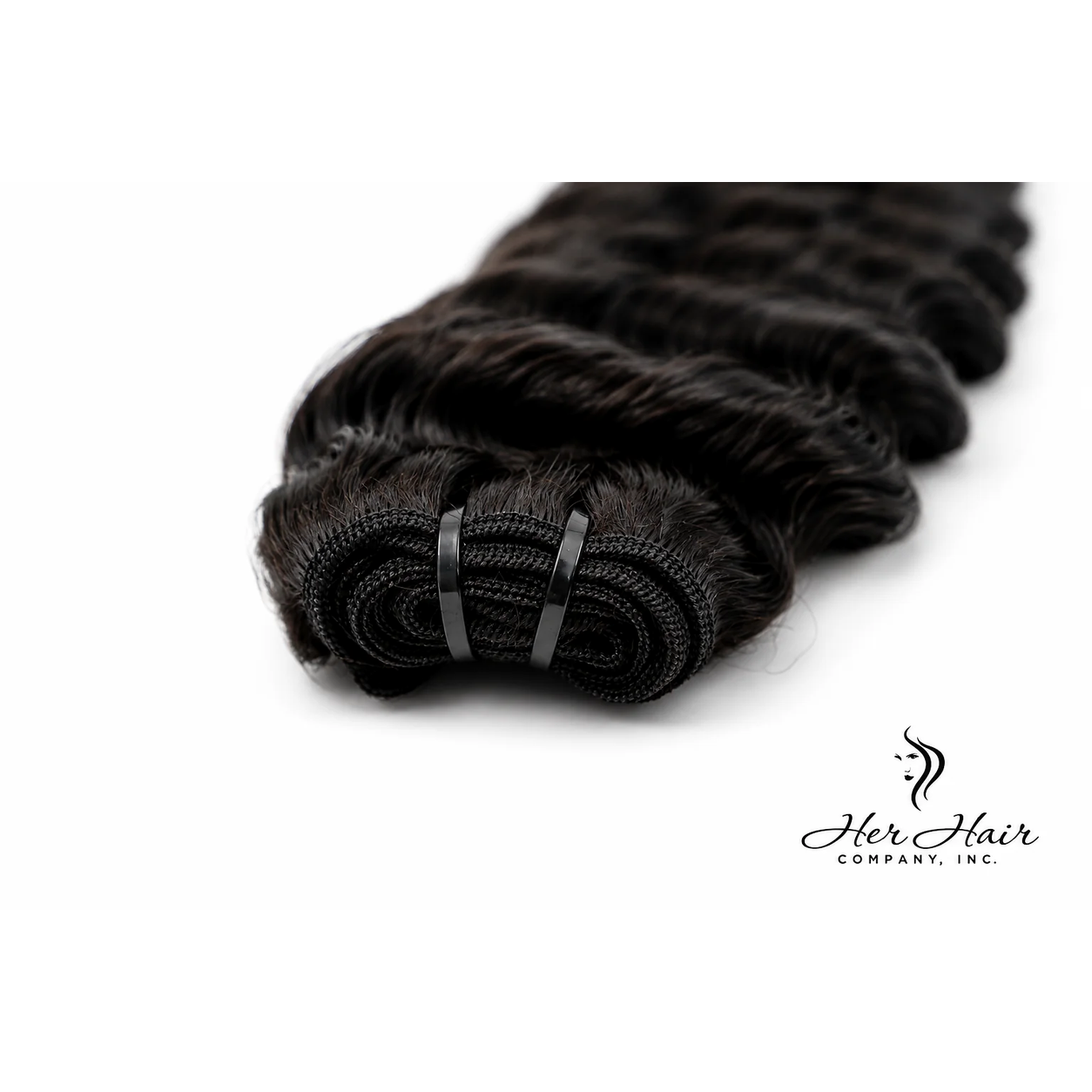 Burmese Raw Deep Wave Hair bundle from Her Hair Company showing the textured, natural wave pattern and weft details in a close-up image.