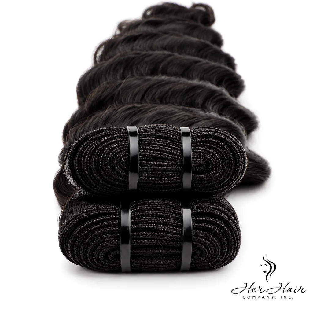 Burmese Raw Loose Deep Wave Hair weft from Her Hair Company, three bundle deal, showing the textured deep wave pattern and natural color