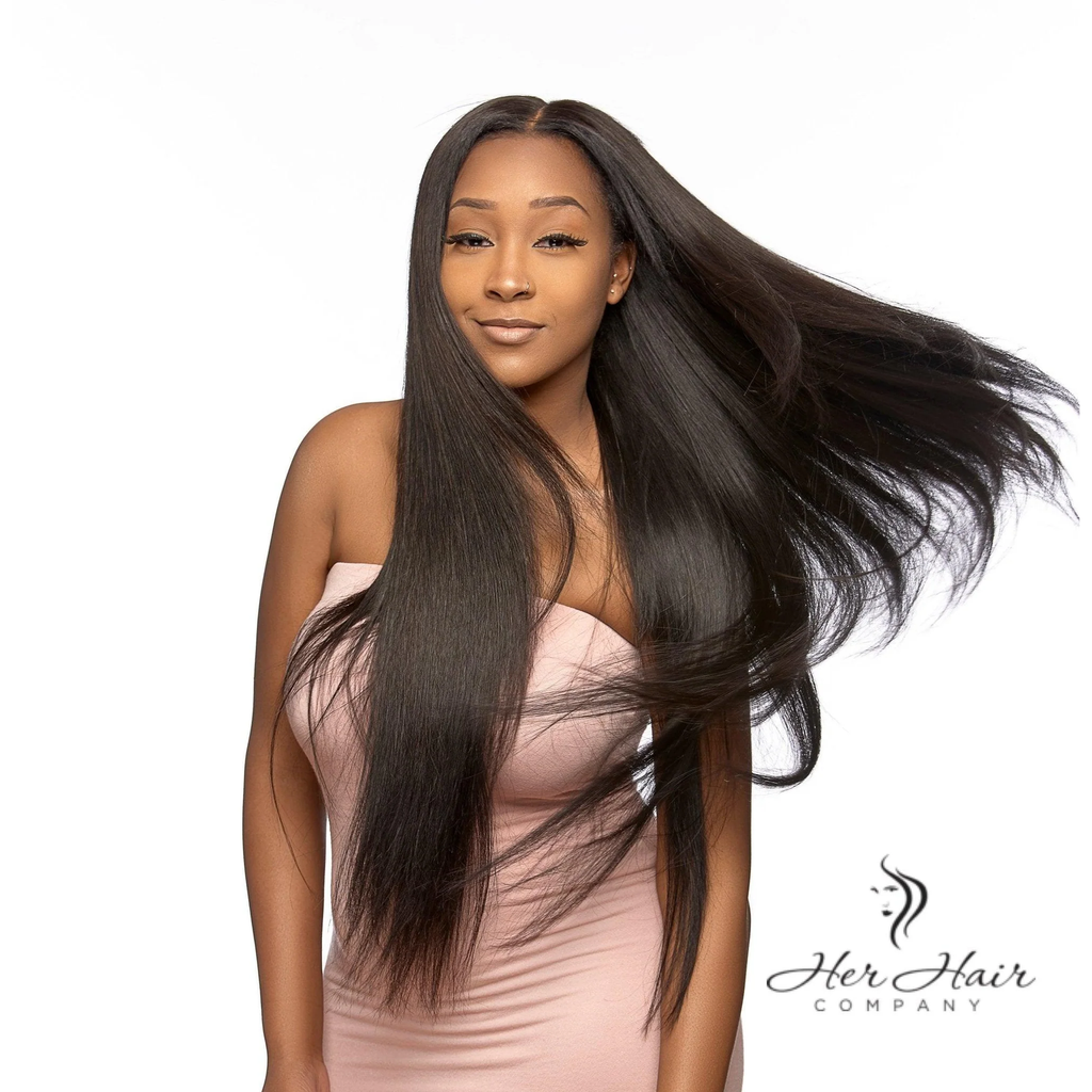 Three bundles of Burmese raw straight hair in a standard bundle deal, showcasing smooth, natural hair movement.