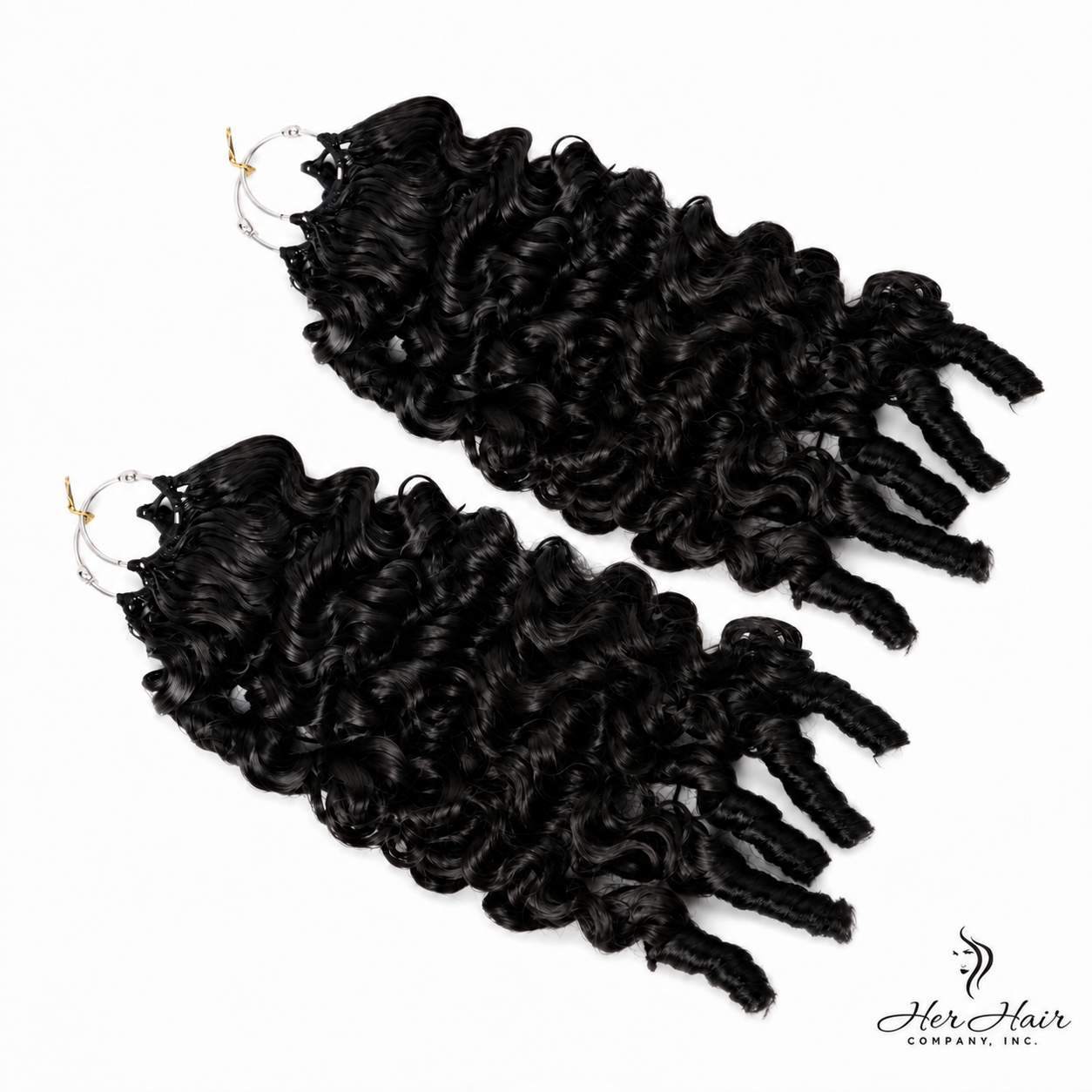 Two bundles of Burmese Spiral Crochet Hair from Her Hair Company in natural brown color, displayed in a standard bundle for crochet styling.