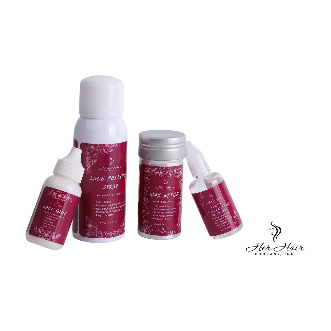 Her Hair Company hair installation kit with wig caps, adhesive, brushes, and tools for professional wig application.