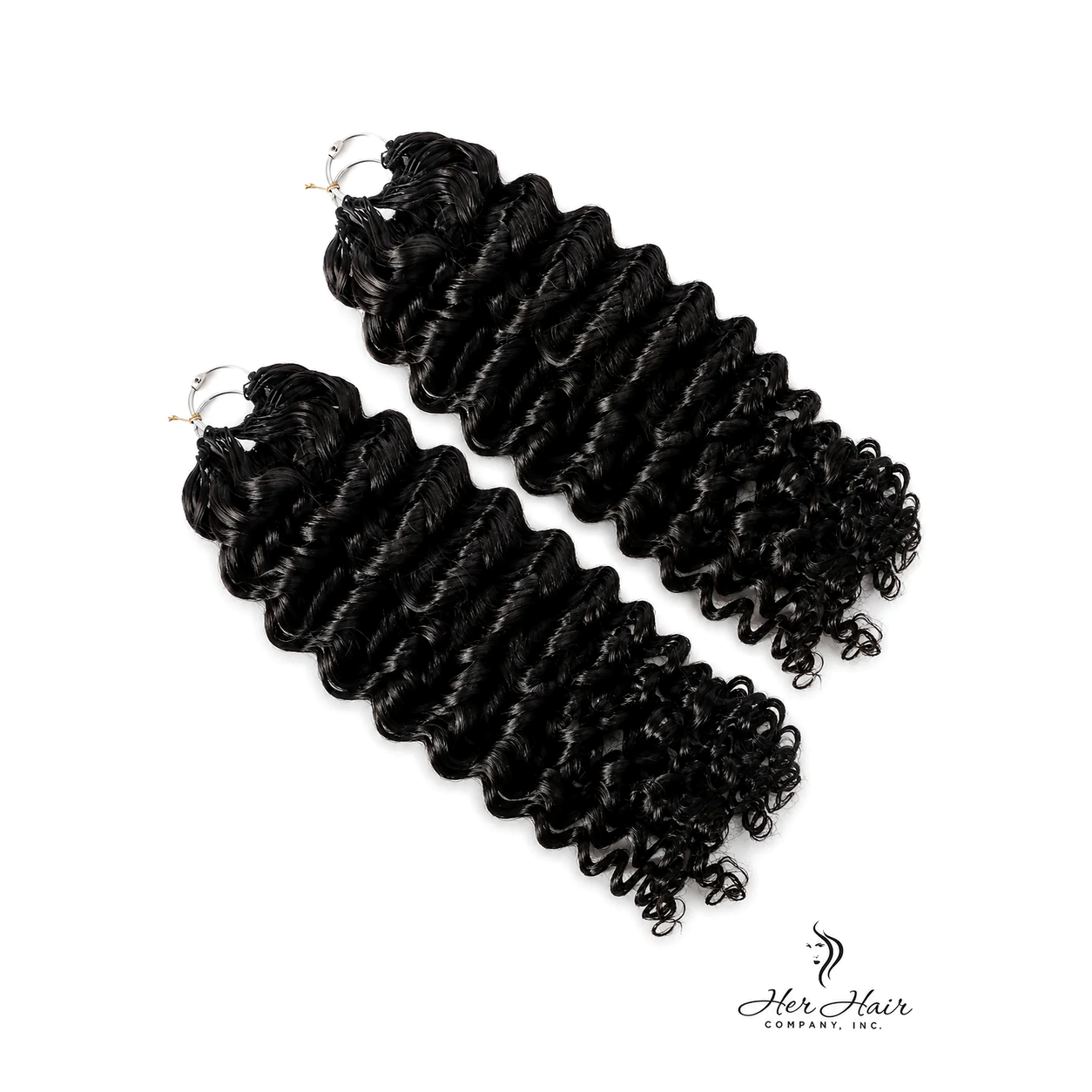 Two packs of Her Hair Company deep curly crochet hair bundles, showcasing the textured, voluminous curly hair extension.