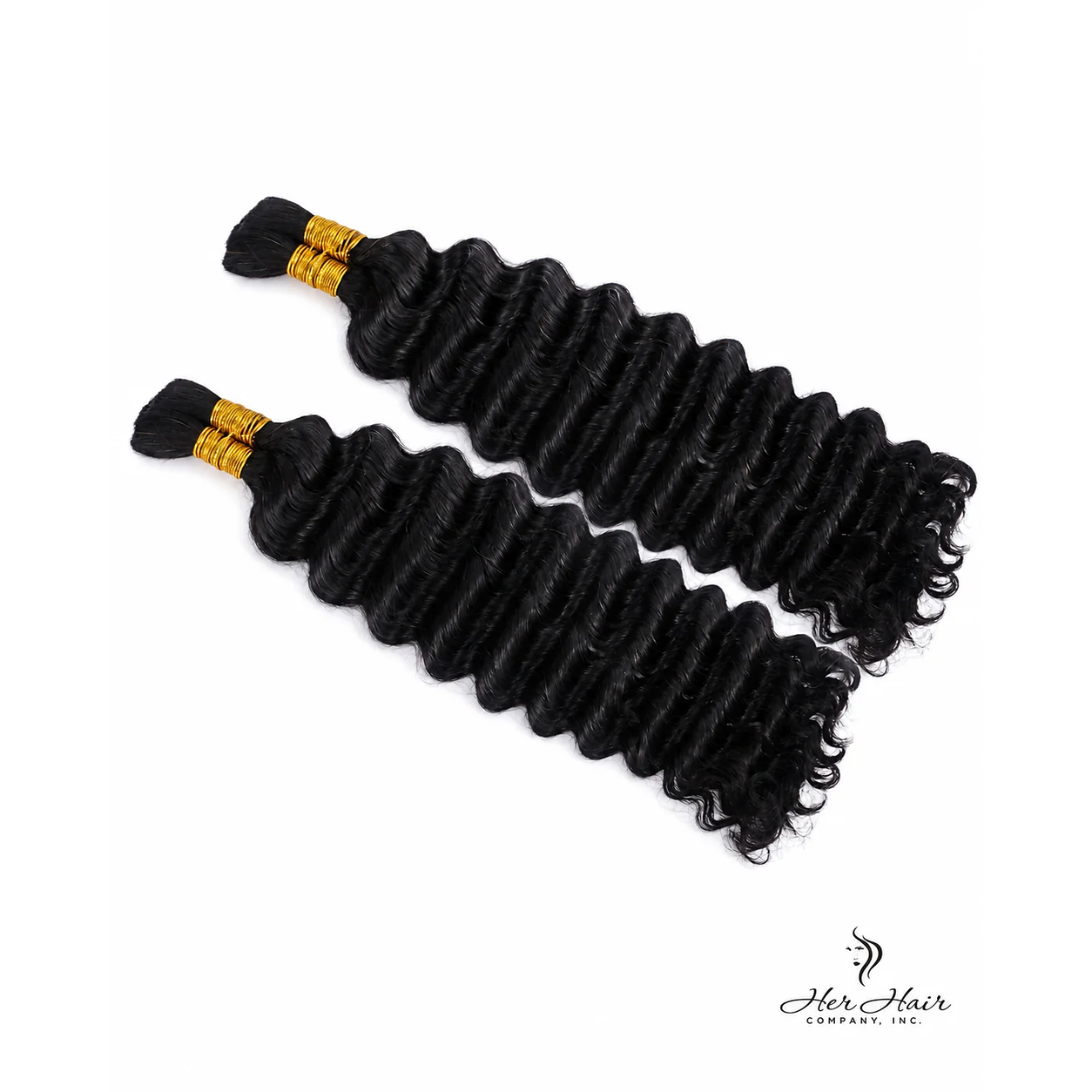 Two bundles of deep wave bulk hair from Her Hair Company, showcasing the textured, curly deep wave pattern.