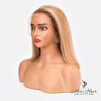 Honey blonde Swiss HD bob unit wig with natural hairline front, styled for a sleek, modern look by Her Hair Company.