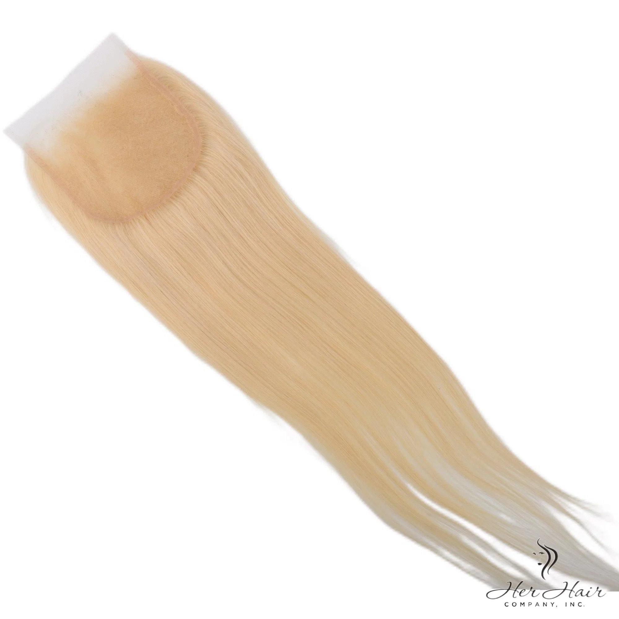 Underside view of Brazilian 613# 5x5 Lace Closure in straight texture showing the lace base, stitched perimeter, and blonde hair construction.
