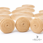 Three bundles of Brazilian 613# hair wefts from Vendor-Unknown, showing close-up detail of the silky, light blonde hair extensions.