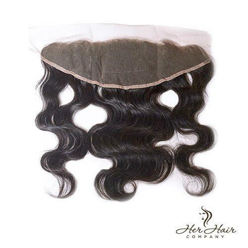 Brazilian Body Wave 13x4 HD Lace Frontal by Her Hair Company, showing detailed lace construction and natural wave pattern.