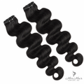 Brazilian clip-in hair extensions in a standard bundle, featuring body wave style with natural dark brown color.