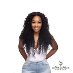 Full-length front view of a model wearing Brazilian Deep Curly Hair 3 Bundle Deal, showing the overall length, volume, and curl definition.