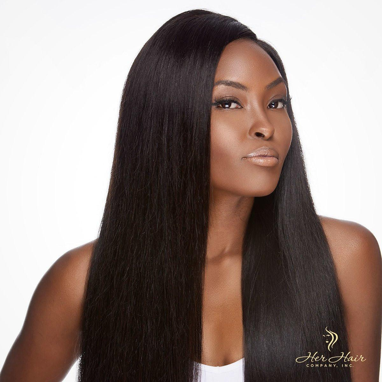 Close-up of Her Hair Company Brazilian Double Drawn Straight Hair Bundles, showing smooth, shiny hair texture and bundle arrangement.