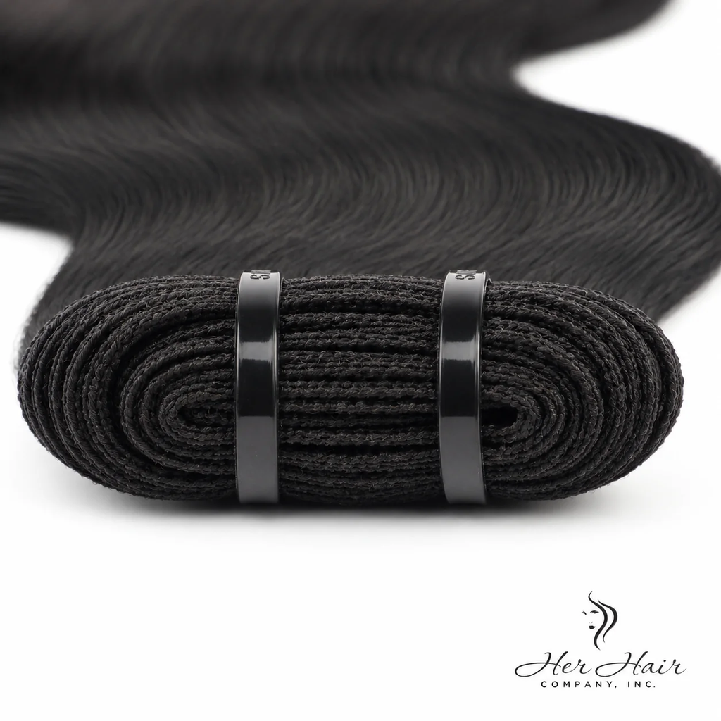 Close-up of Her Hair Company Brazilian Double Drawn Hair bundle showing densely packed, straight weft with smooth, shiny strands.