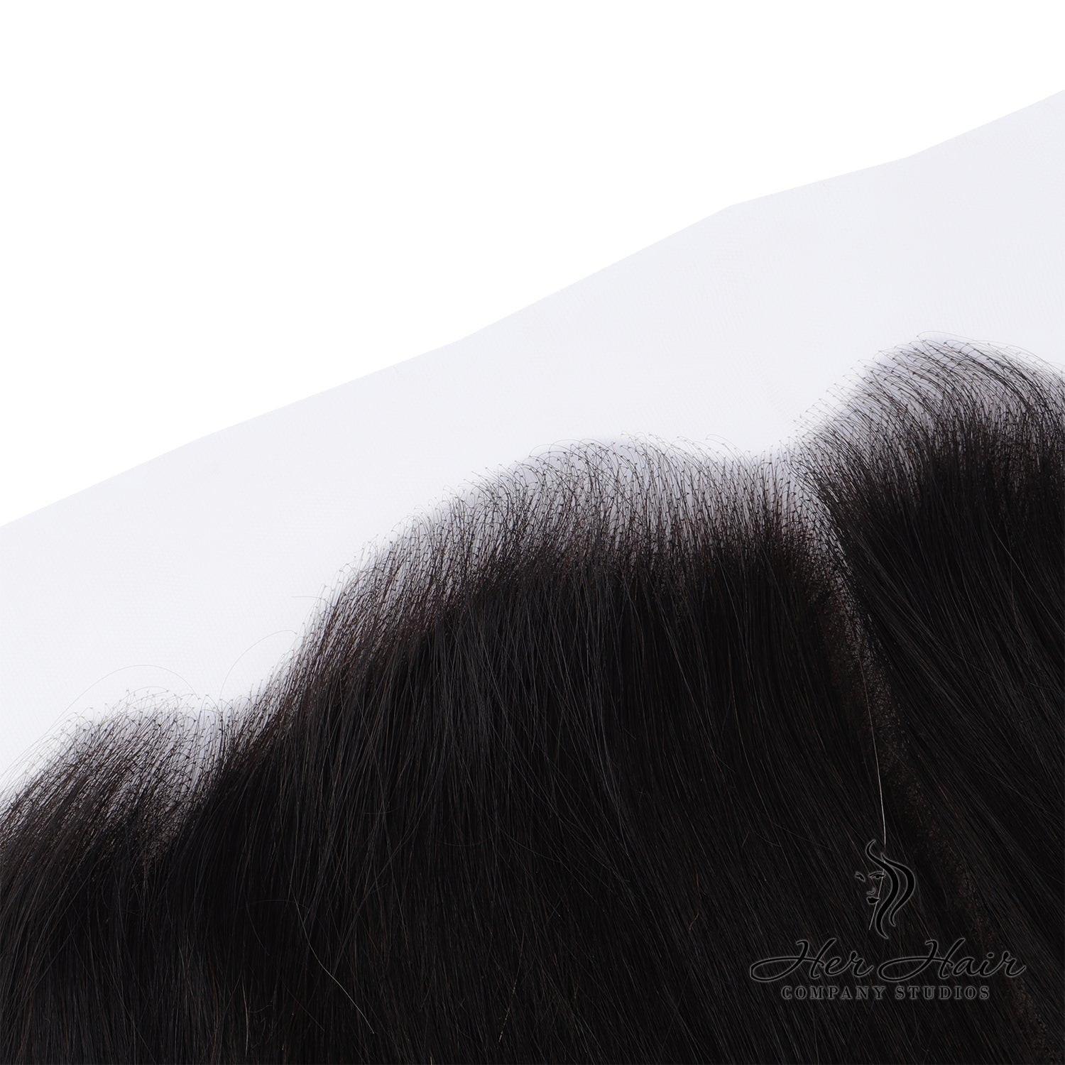 Close-up of Her Hair Company Brazilian straight 13X4 HD lace frontal showing detailed hairline and lace material.