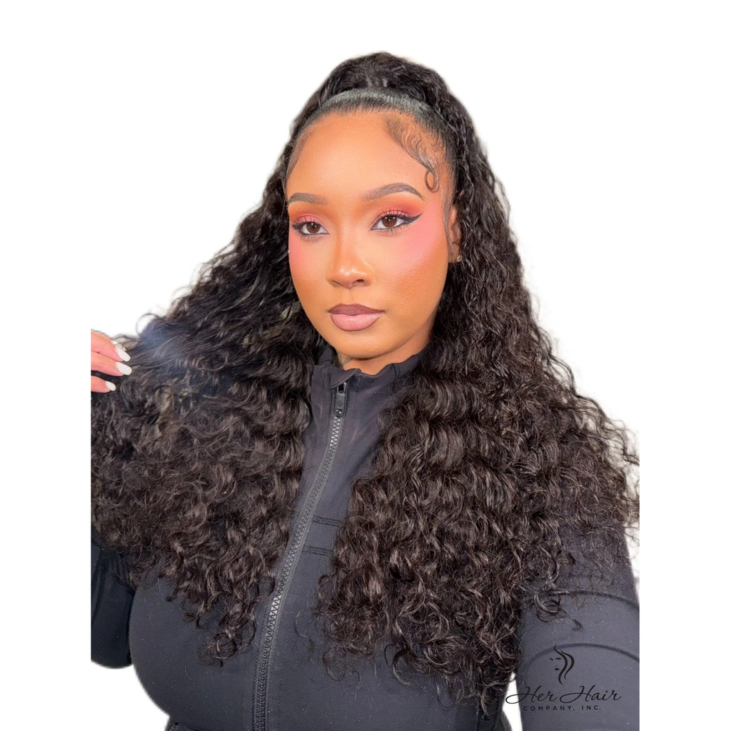 Burmese Raw Deep Wave Hair bundles from Her Hair Company displayed for installation, showing the natural wave pattern and bundle arrangement.
