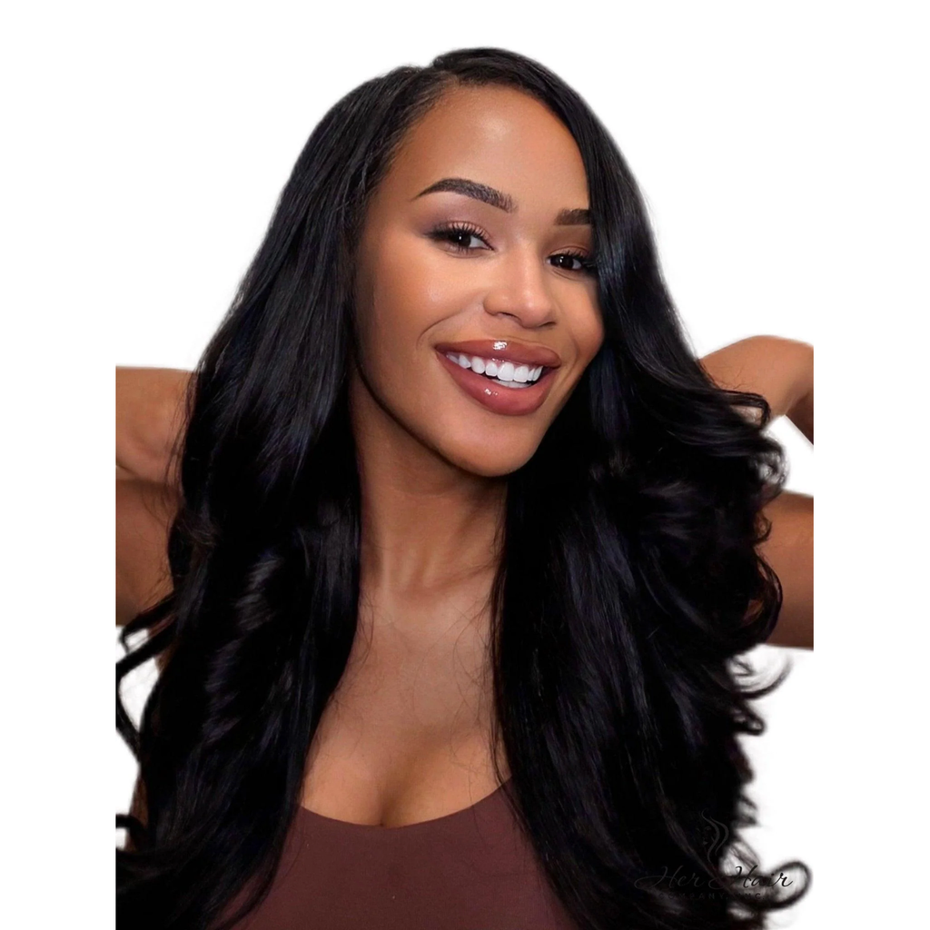 Burmese raw loose deep wave hair bundles from Her Hair Company, showing front view of four standard bundles for installation.