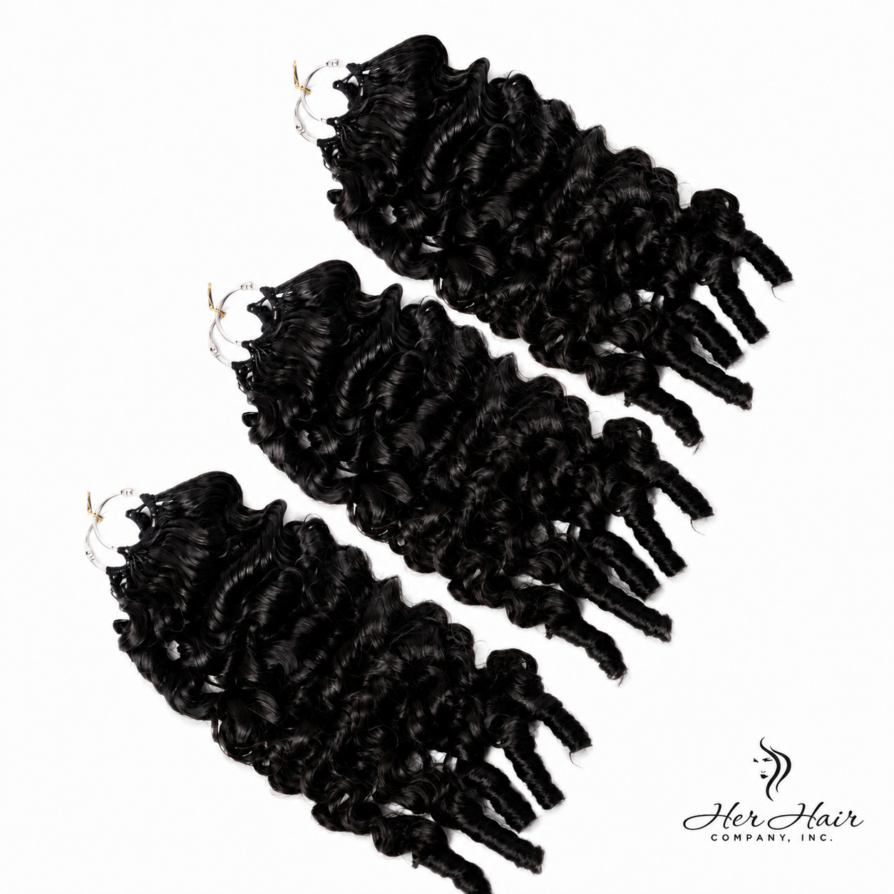 Three bundles of Burmese Spiral Crochet Hair by Her Hair Company, showcasing the textured, curly synthetic hair bundles.