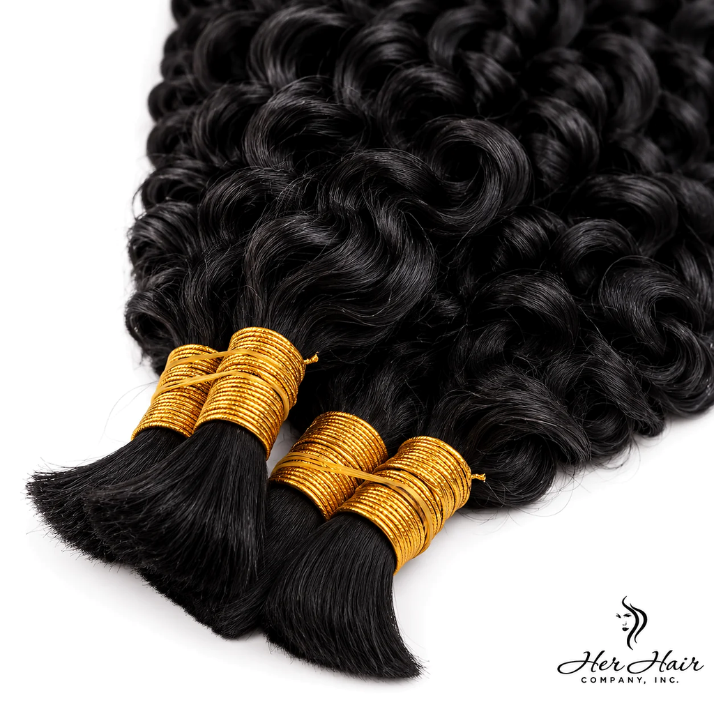Deep curly bulk hair bundle from Her Hair Company, showing tied end detail of standard curly hair extension.