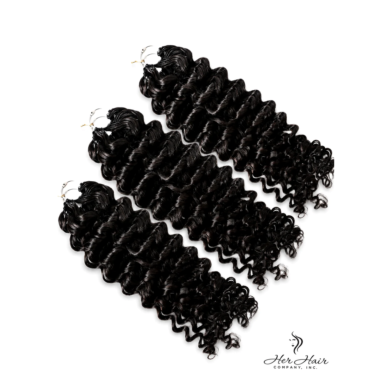 Deep curly crochet hair bundle from Her Hair Company, featuring three packs of standard deep curly textured hair.
