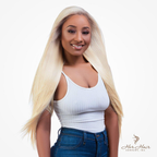 Eurasian 613# straight hair bundles, four-pack deal, natural blonde color, with a front view of the bundled hair extensions.