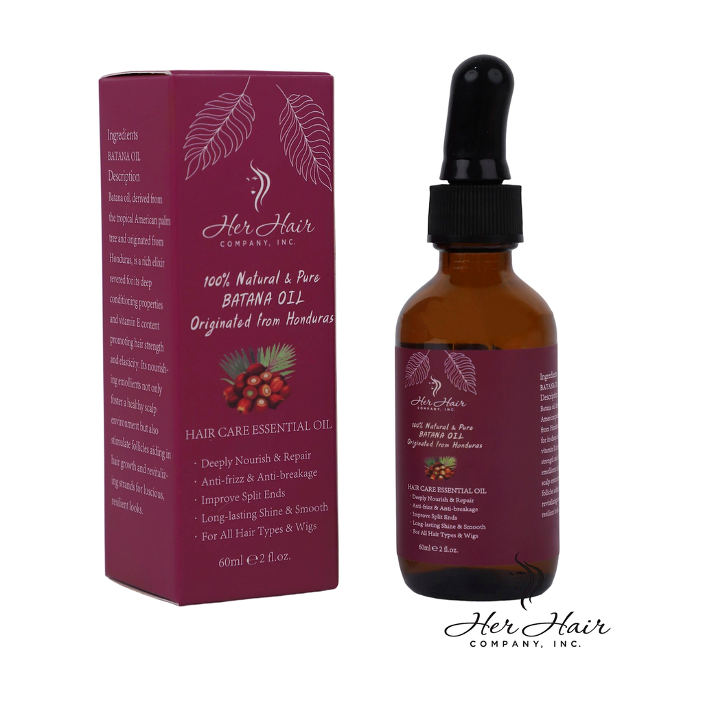 Honduran Batana Oil bottle from Her Hair Company, 100% natural and authentic, with a detailed view of the product packaging.