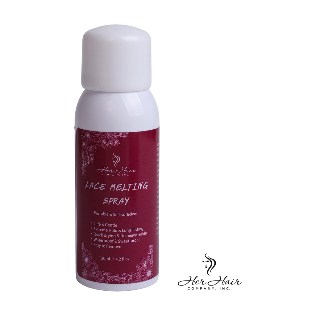 Her Hair Company lace melting spray for hair installation, featuring a spray bottle with a clear nozzle and labeled product design.