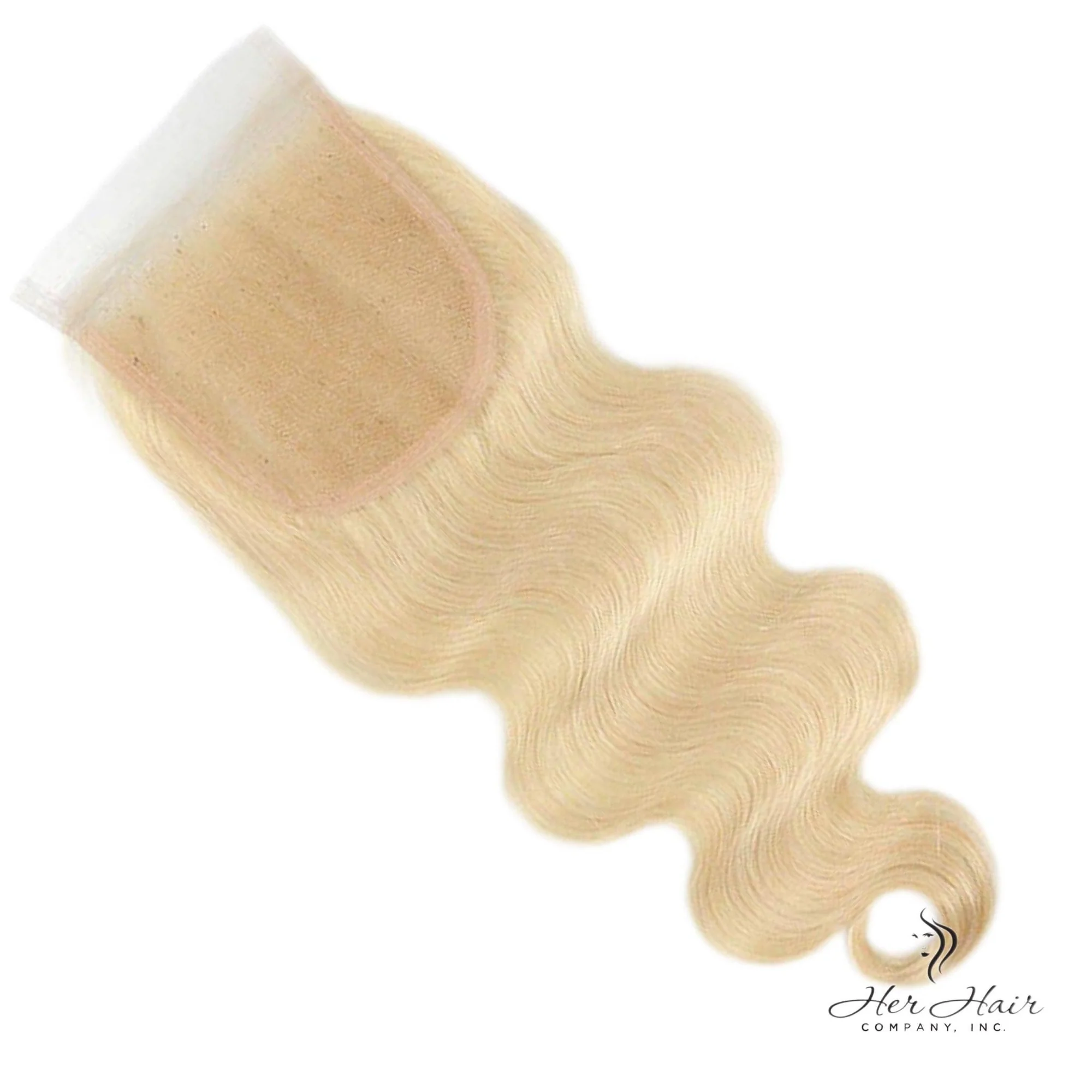 Underside view of Brazilian 613# 5x5 Lace Closure in body wave texture showing the lace base, stitched perimeter, and blonde wave pattern.