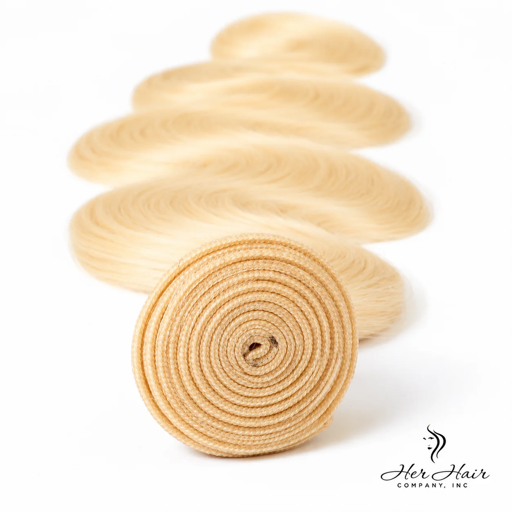 Brazilian 613# hair bundle with body wave weft, natural blonde color, straight hair texture, and detailed weft construction.