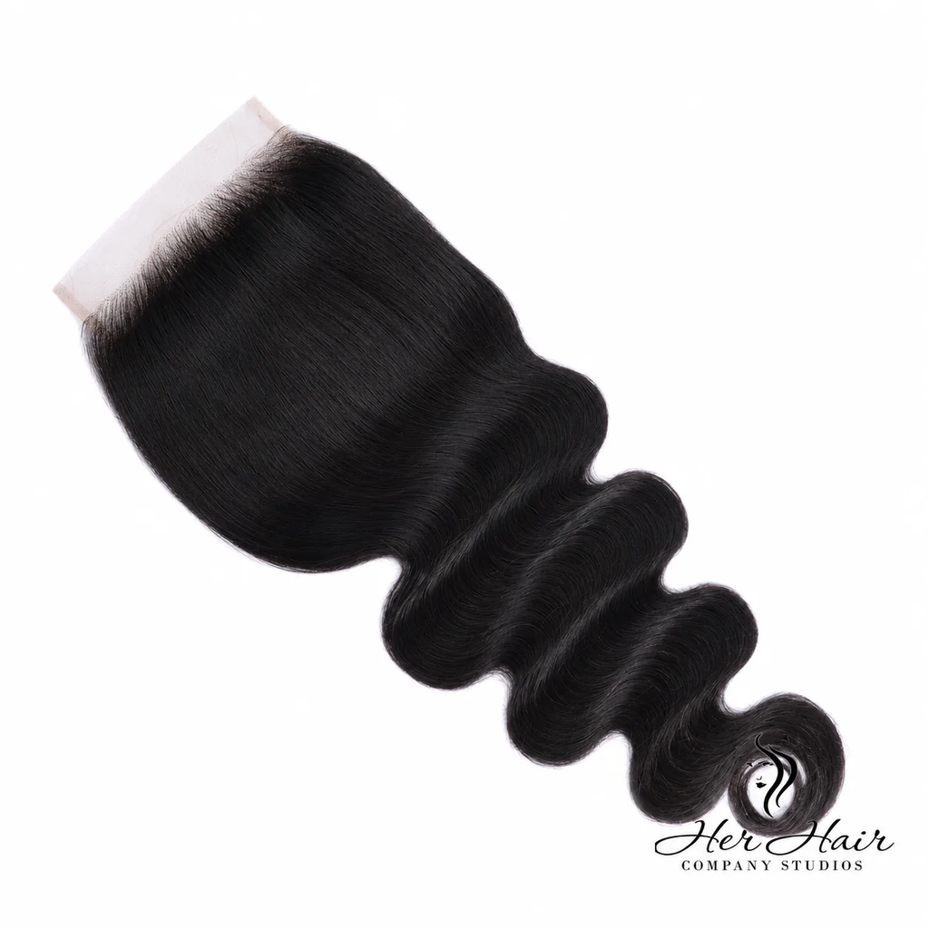Brazilian Body Wave 6x6 HD lace closure with natural wave pattern, showcasing the hair's texture and lace detail from Her Hair Company.