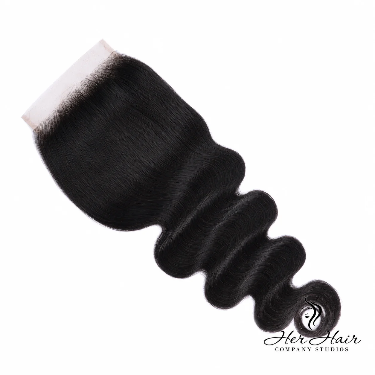 Brazilian body wave 6x6 HD lace closure from Her Hair Company showing close-up of wavy hair texture and lace cap detail.