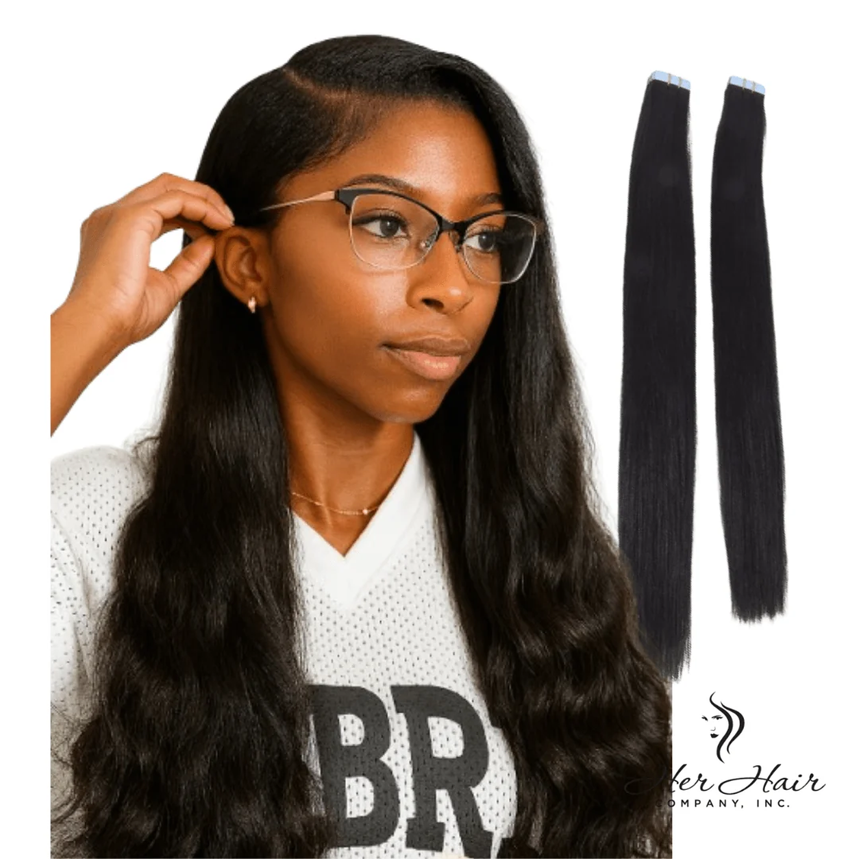 Straight Brazilian tape-in hair extensions by Her Hair Company, close-up of the sleek, seamless tape-in wefts.