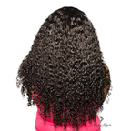 Four bundles of Burmese raw curly hair from Her Hair Company, displayed in a standard bundle deal on a pink background.