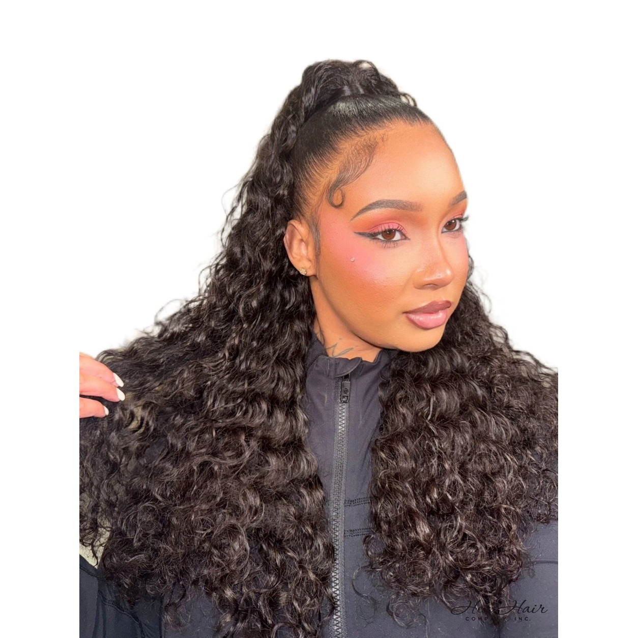 Side view of four bundles of Burmese raw deep wave hair from Her Hair Company, showcasing the natural deep wave texture.